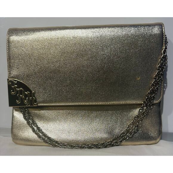 Vintage Metallic Gold Evening Clutch/Purse Gold Chain Shoulder Strap letter “FRH - Picture 1 of 12